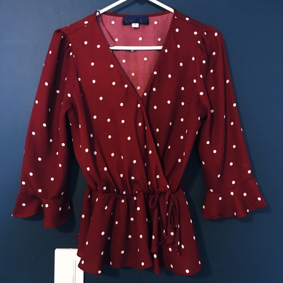 Francesca's Collections Tops - Crimson and white polka dot wrap style top